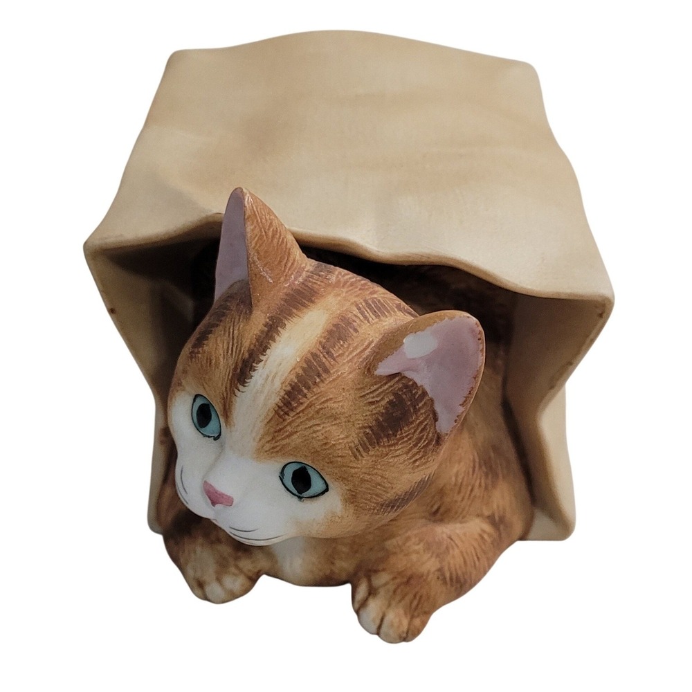 Schmid Cat in Paper Bag Music Box "Memories" Cats Musical Orange Tabby Ceramic